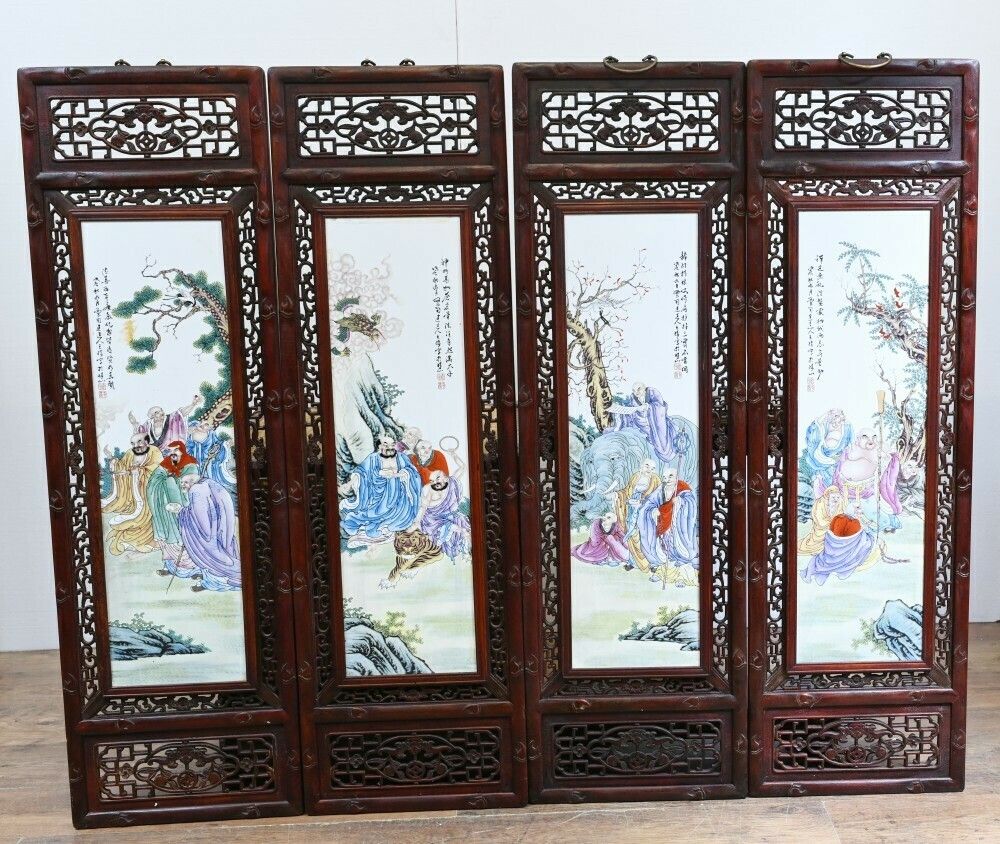 photo vinterior Set Chinese Porcelain Plaques Hand Painted Hardwood Frame 1930