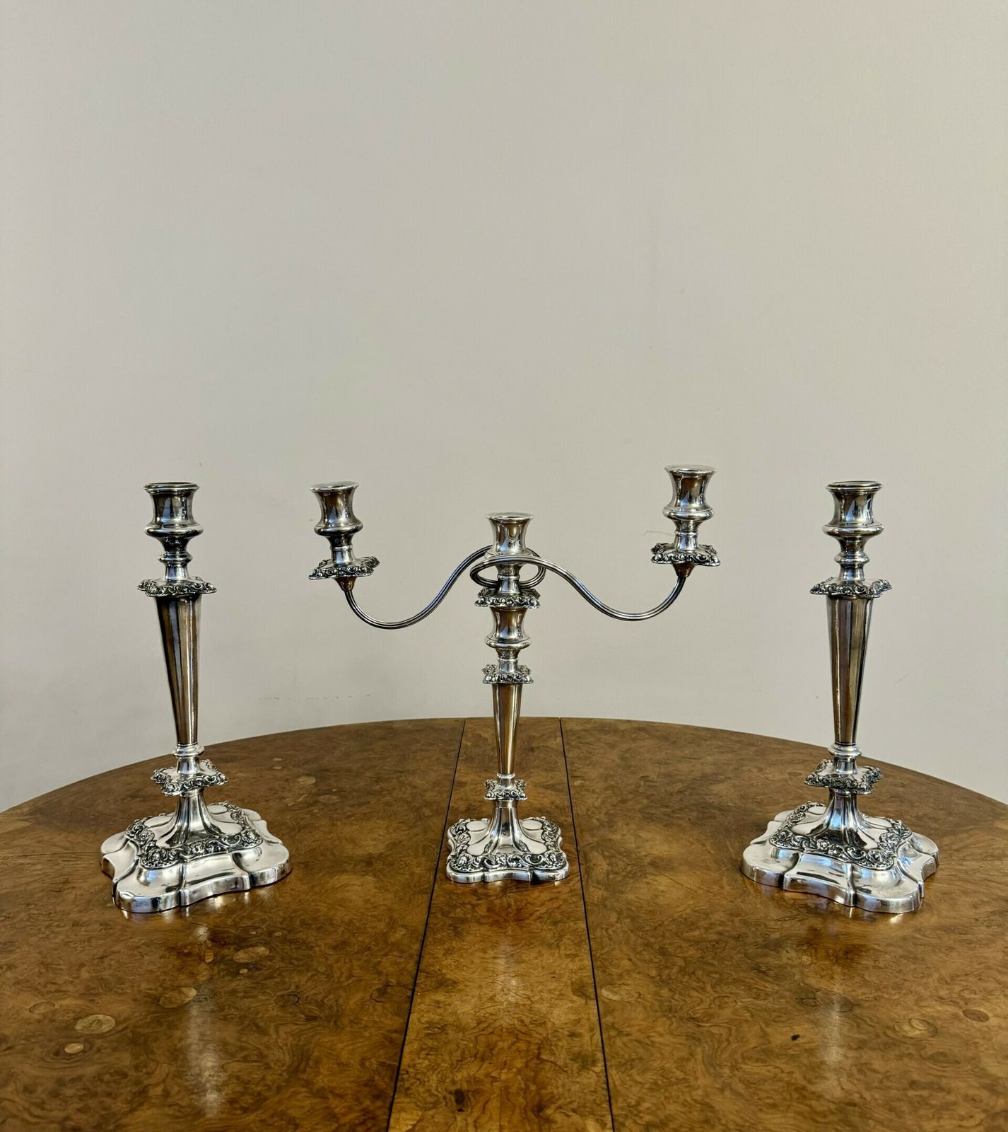 Outstanding Quality Antique Ornate Silver Plated Candelabra And Candlestick Set