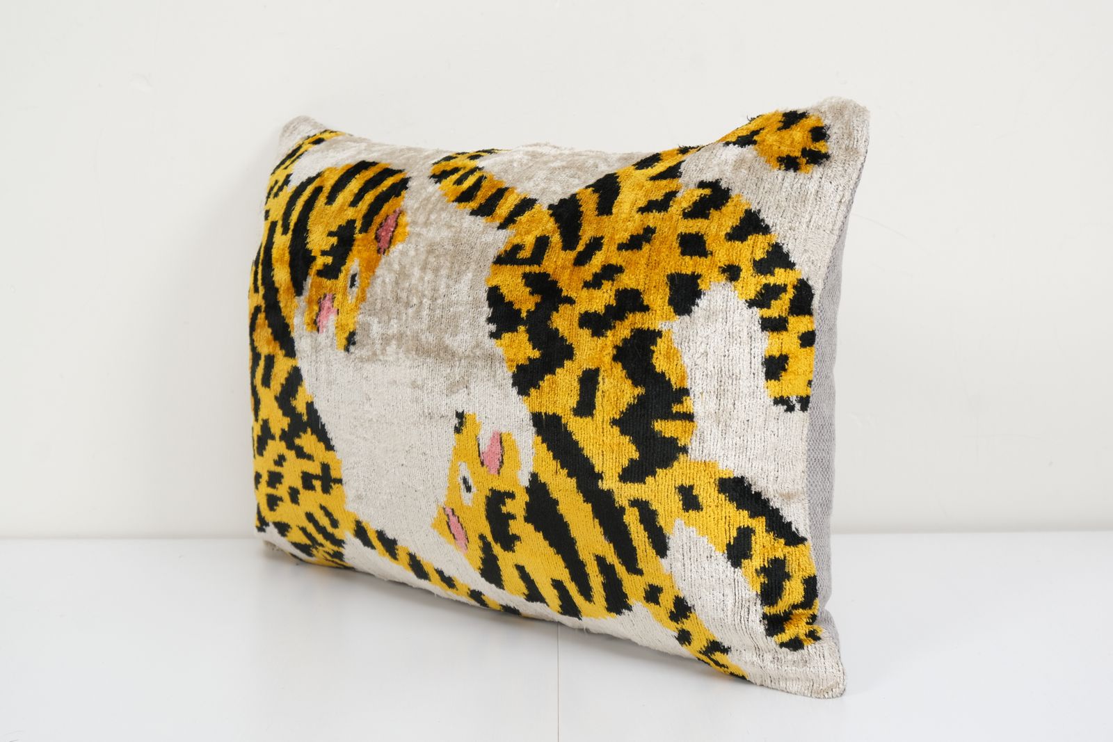Tiger Ikat Velvet Pillow, Silk Lumbar Cushion Cover, Yellow Animal Lumbar Pillows, Boho Pillow photo for sale