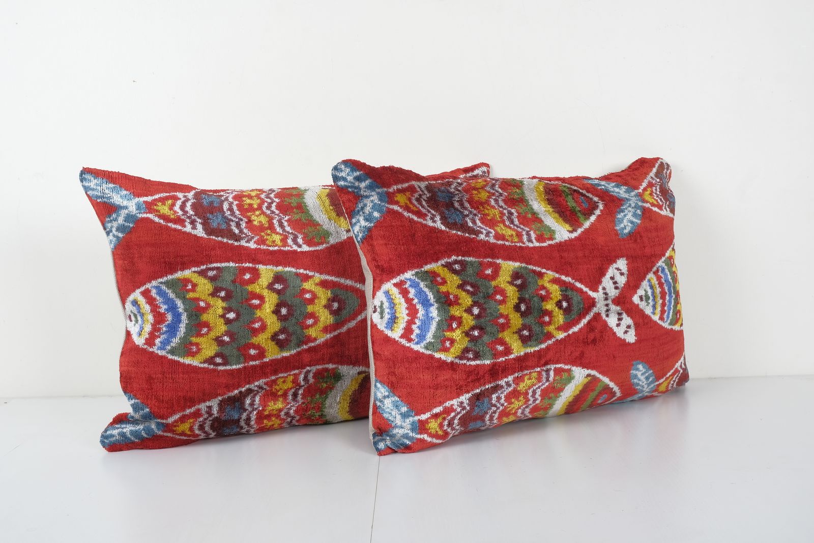 Bohemian Fish Figured Silk Ikat Velvet Pillowcase, Set Ethnic Animal Pattern Velvet Designer Cushion   Pair Handloom Ikat Case 16'' X 24'' photo 120.0