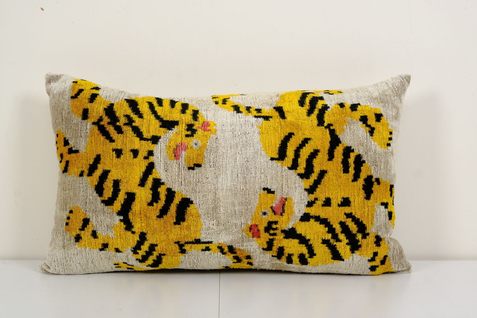 Tiger Ikat Velvet Pillow, Silk Lumbar Cushion Cover, Yellow Animal Lumbar Pillows, Boho Pillow