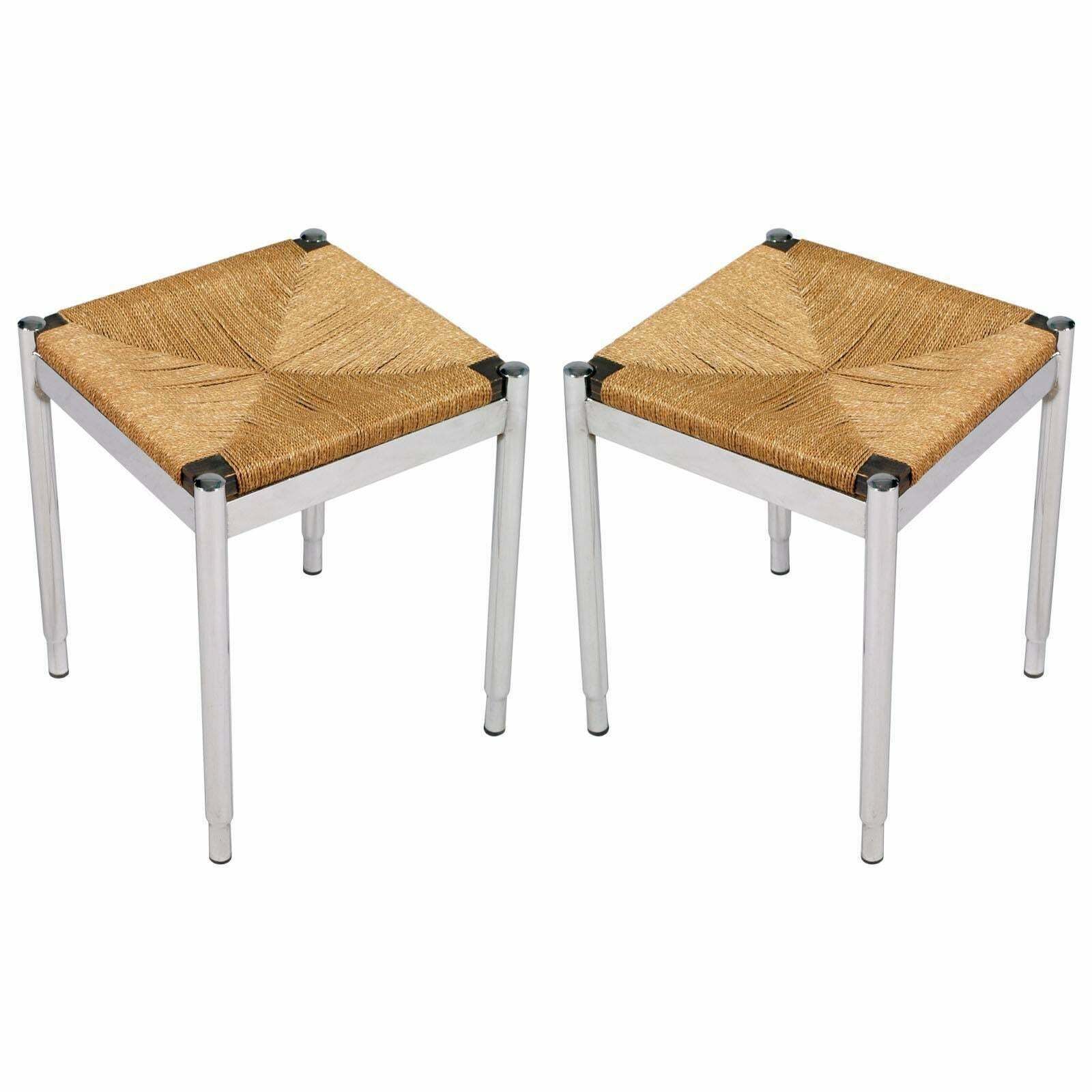 Pair Stools By Gio Ponti For Cassina Attributed , Chromed Steel Straw And Wood