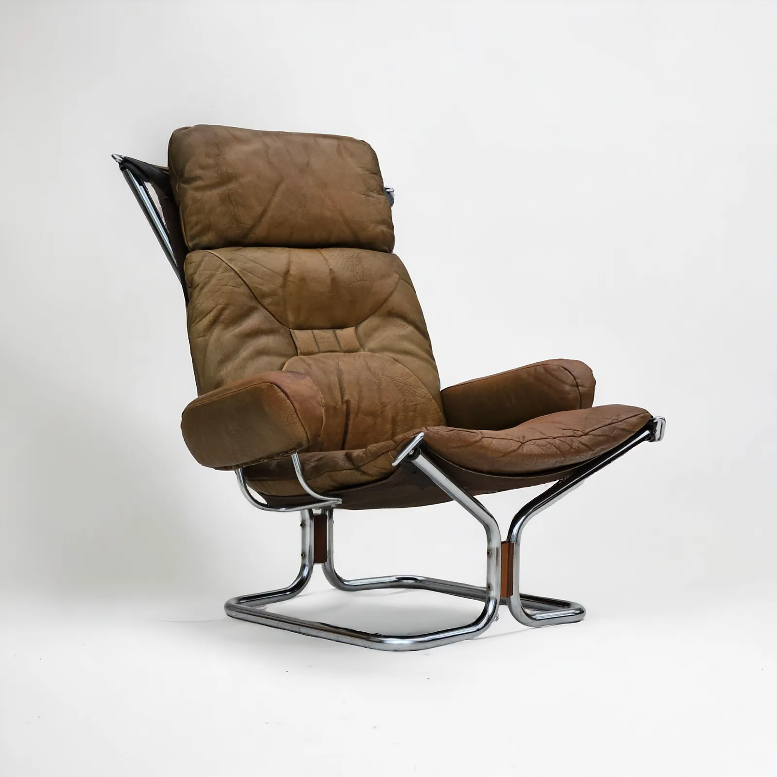 1970s, Norwegian Design By Harald Relling, Original Condition, Leather, Chrome Steel, Teak Wood, Canvas.