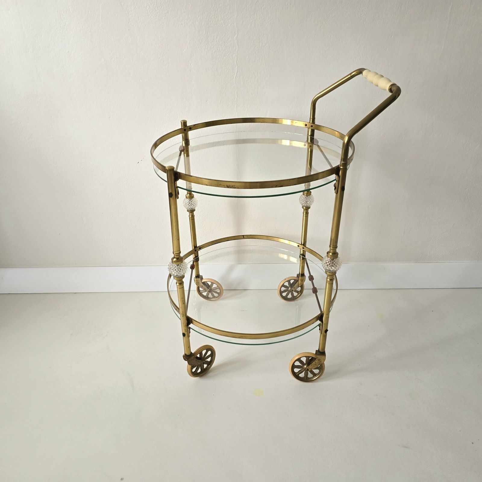 Delicious Rare Round Vintage Hollywood Regency Brass/Glass Bar Cart photo for sale