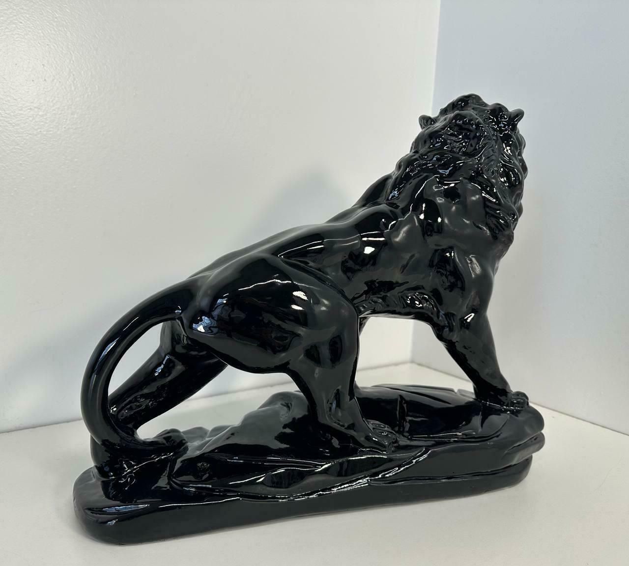 Italian Art Deco Fired Clay Black Polished Lion, 1930s photo for sale