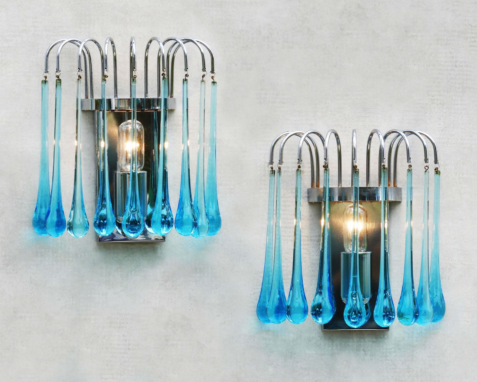 Pair Of Waterfall Venini Style Wall Light Sconces Blue Murano Glass & Chrome 70s