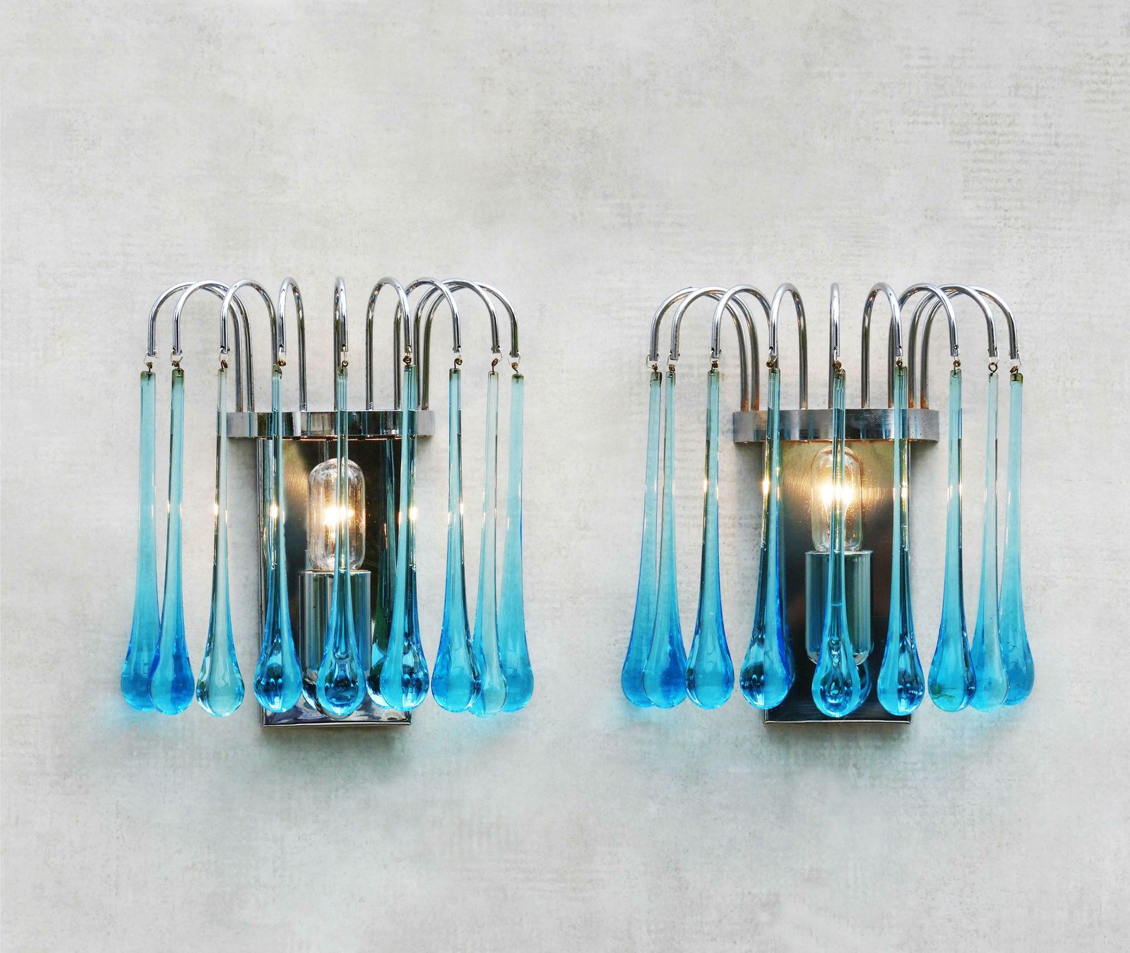 Pair Of Waterfall Venini Style Wall Light Sconces Blue Murano Glass & Chrome 70s photo Lighting