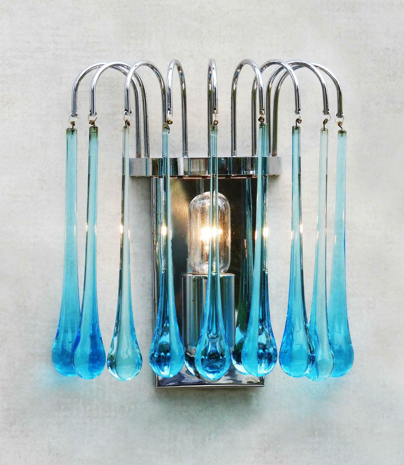 Pair Of Waterfall Venini Style Wall Light Sconces Blue Murano Glass & Chrome 70s photo 995.0