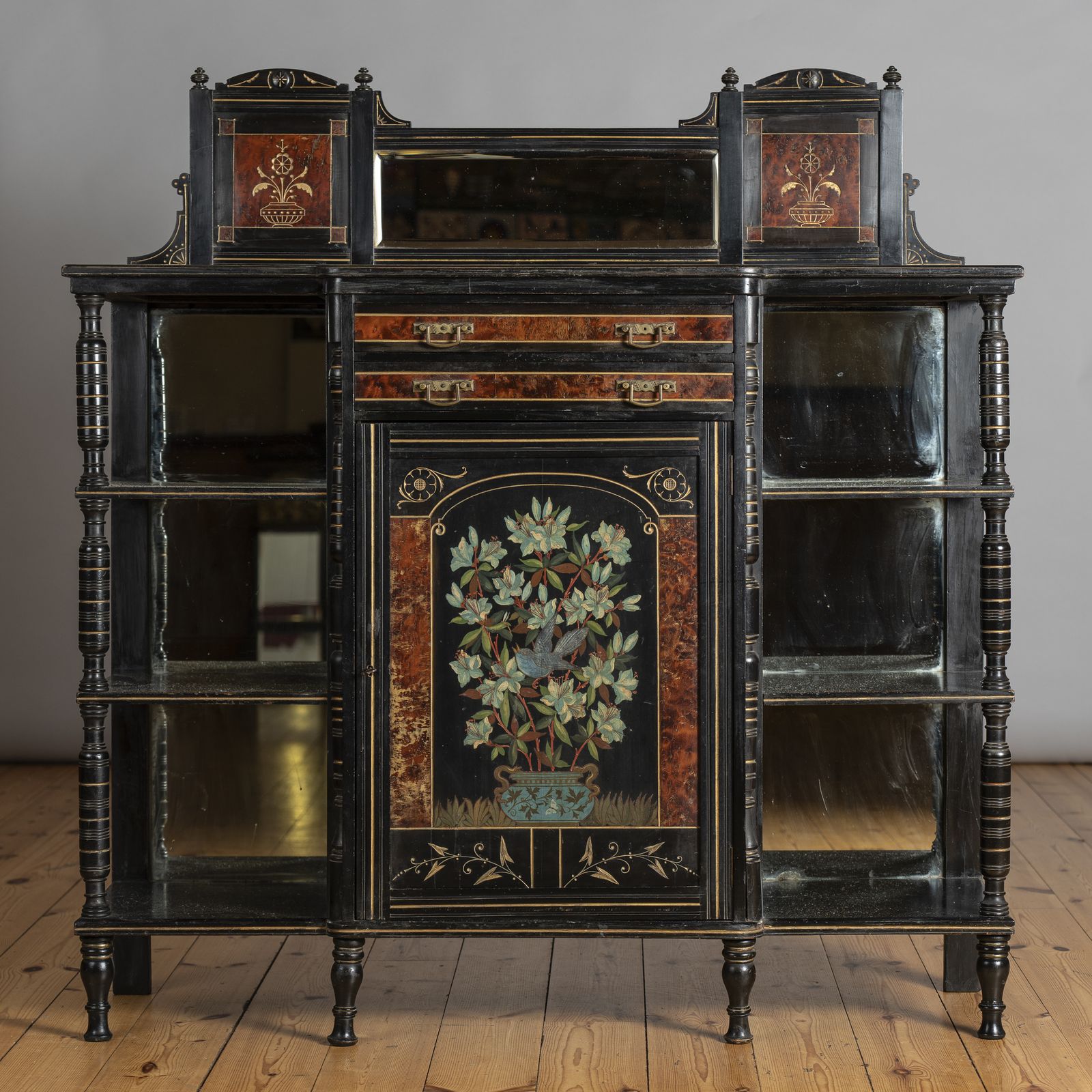 Stunning Victorian Aesthetic Ebonised, Painted And Gilt Side Cabinet