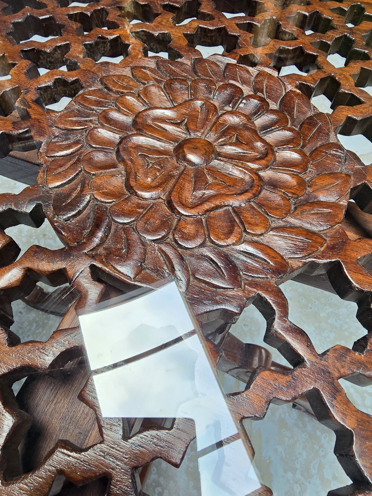 Antique Octagonal Teakwood Dining Table With Glass Top | Hand Carved In Gujarat, India, Circa 1940 photo 2950.0