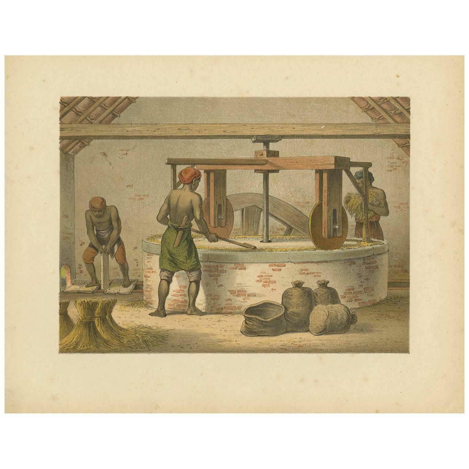 Antique Print Of A Mill For Rice Peeling By M.T.H. Perelaer, 1888