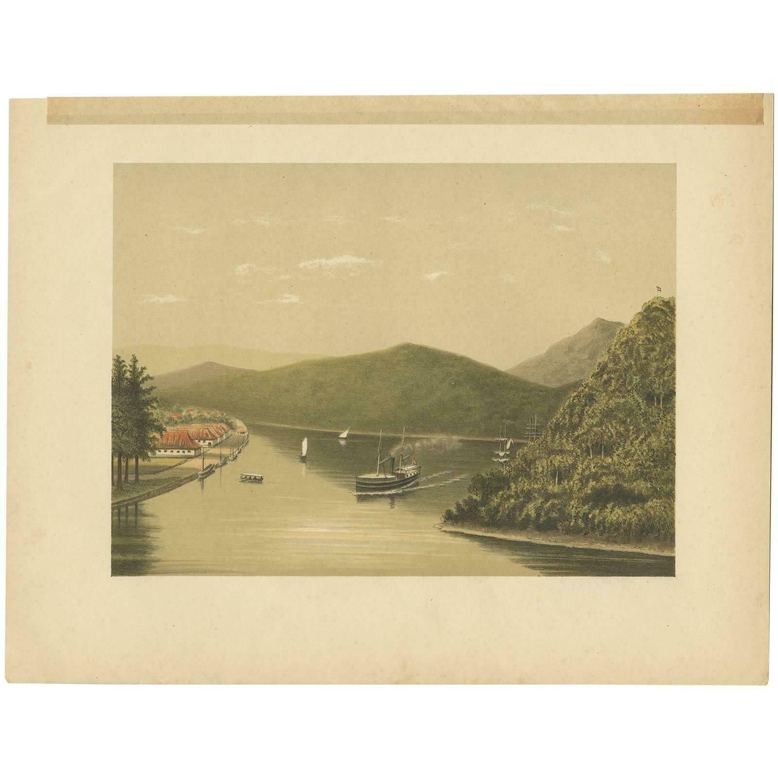 Antique Print Of A Steamship At The Legundi Strait By M.T.H. Perelaer, 1888