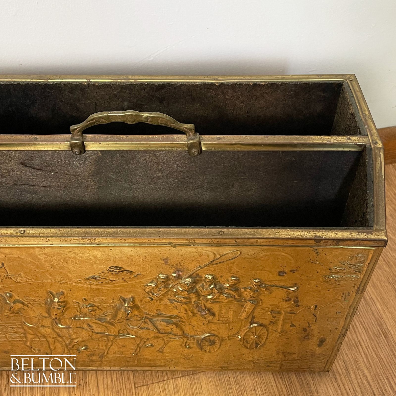 Mid Century Brass On Wood Magazine Holder With Coach & Horses Embossed photo furniture