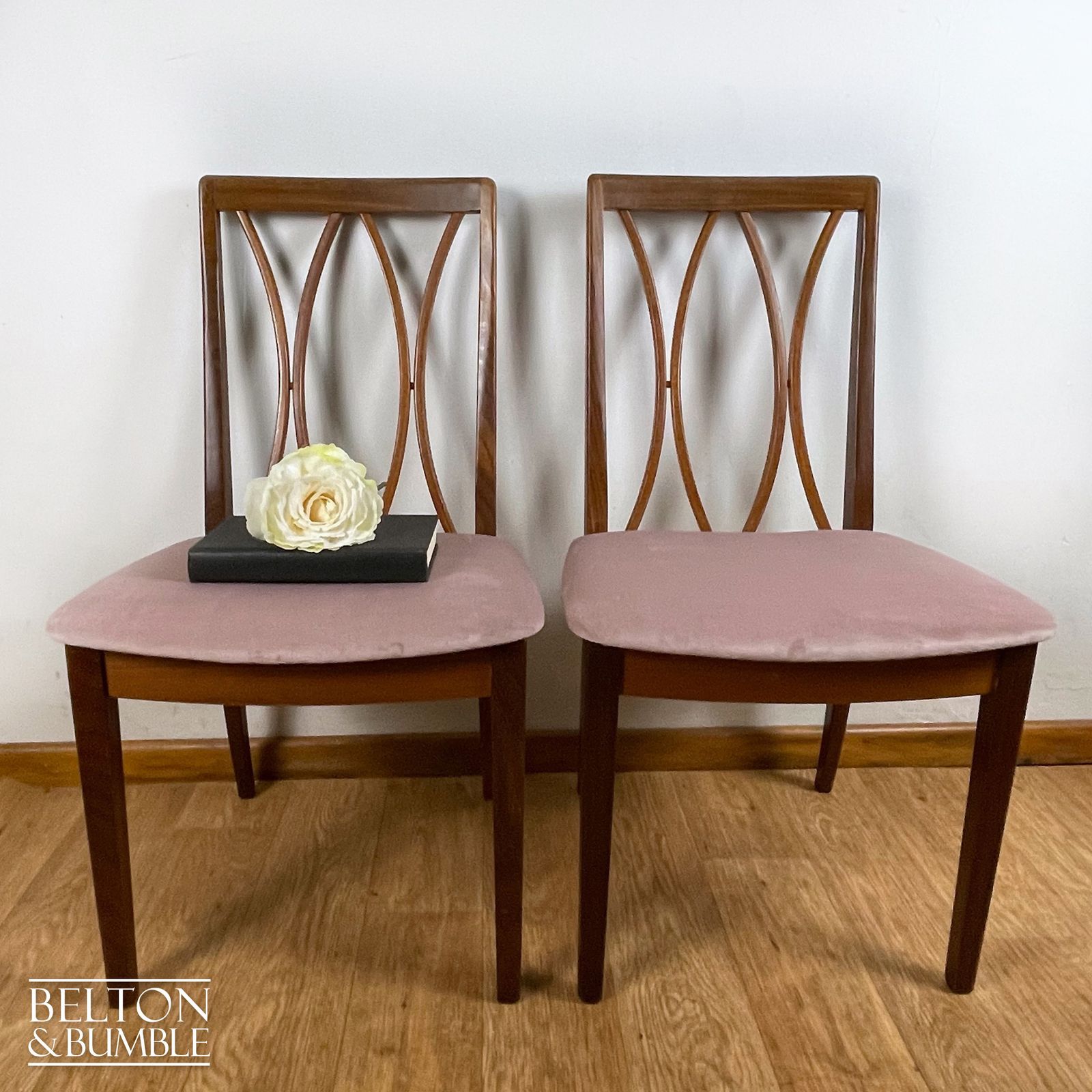 Set Of Four Modern G Plan Curve Back Teak & Afrormosia Dining Chairs By E. Gomme With Dusky Pink Velvet, 1970’s photo for sale