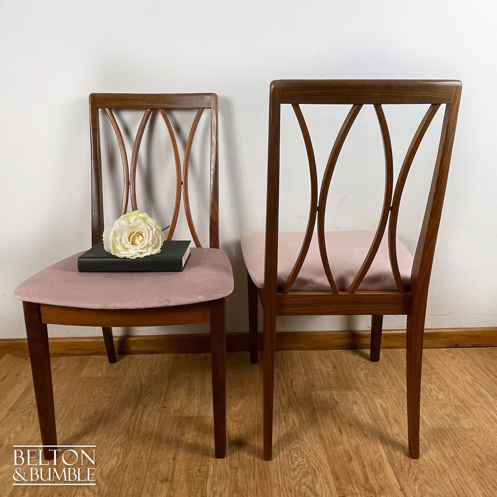 Set Of Four Modern G Plan Curve Back Teak & Afrormosia Dining Chairs By E. Gomme With Dusky Pink Velvet, 1970’s photo vintage