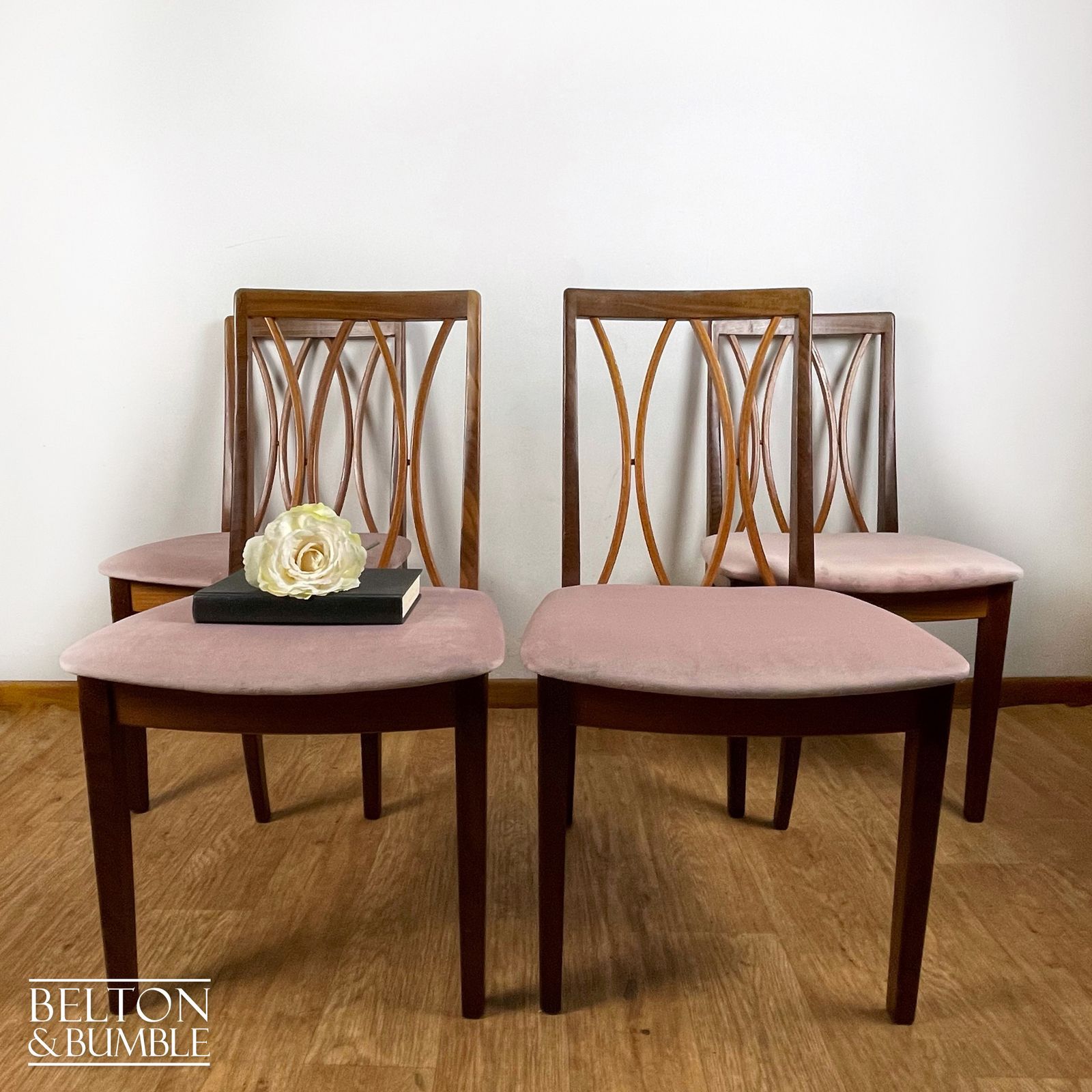 Set Of Four Modern G Plan Curve Back Teak & Afrormosia Dining Chairs By E. Gomme With Dusky Pink Velvet, 1970’s photo vinterior