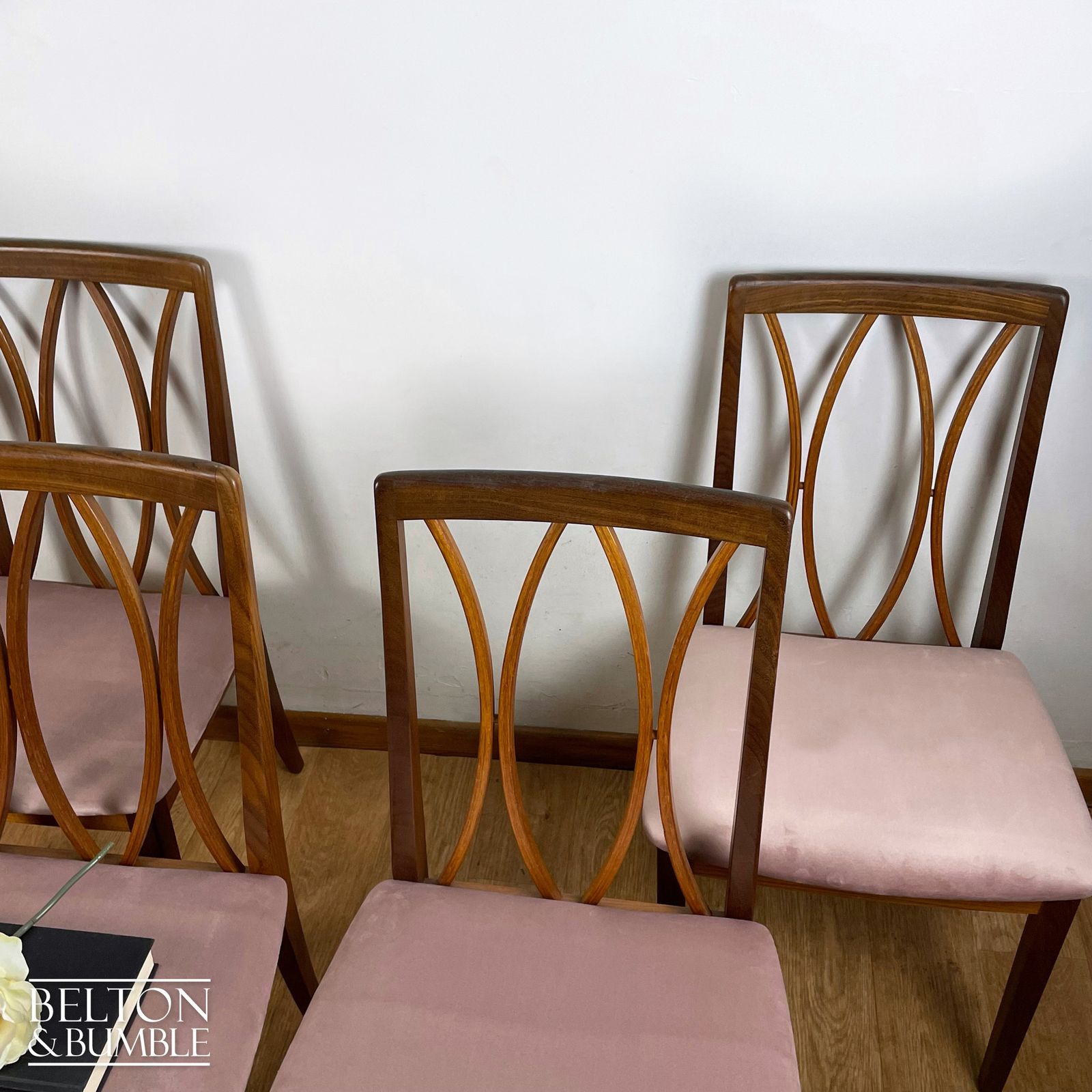 photo furniture Set Of Four Modern G Plan Curve Back Teak & Afrormosia Dining Chairs By E. Gomme With Dusky Pink Velvet, 1970’s
