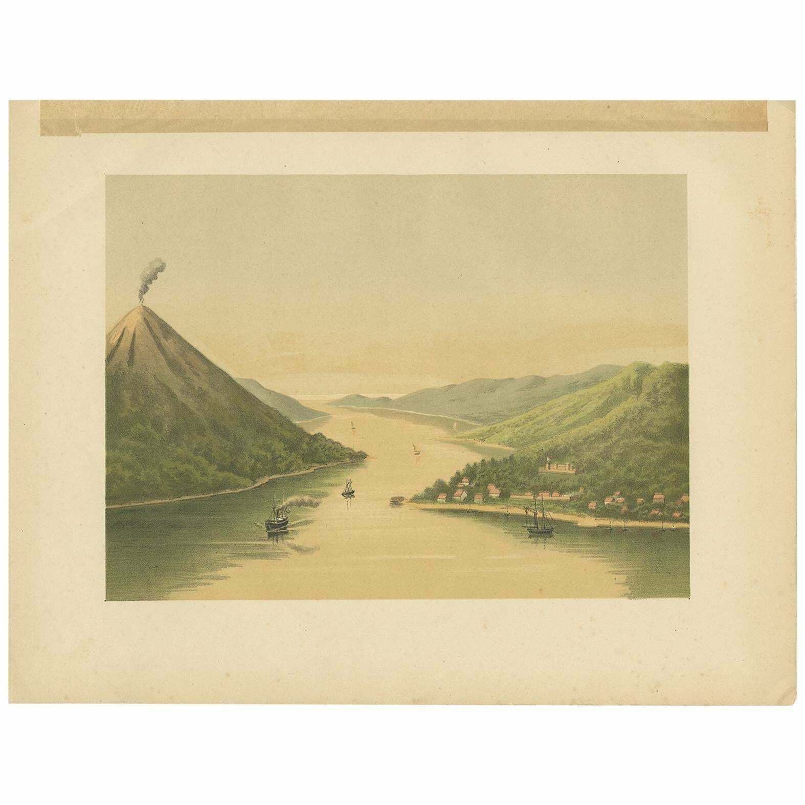 Antique Print Of The Volcano Gunung API In Indonesia, 1888