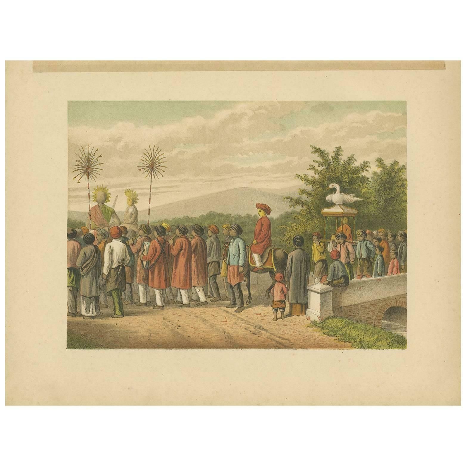 Antique Print Of A Javanese Wedding Ceremony By M.T.H. Perelaer, 1888