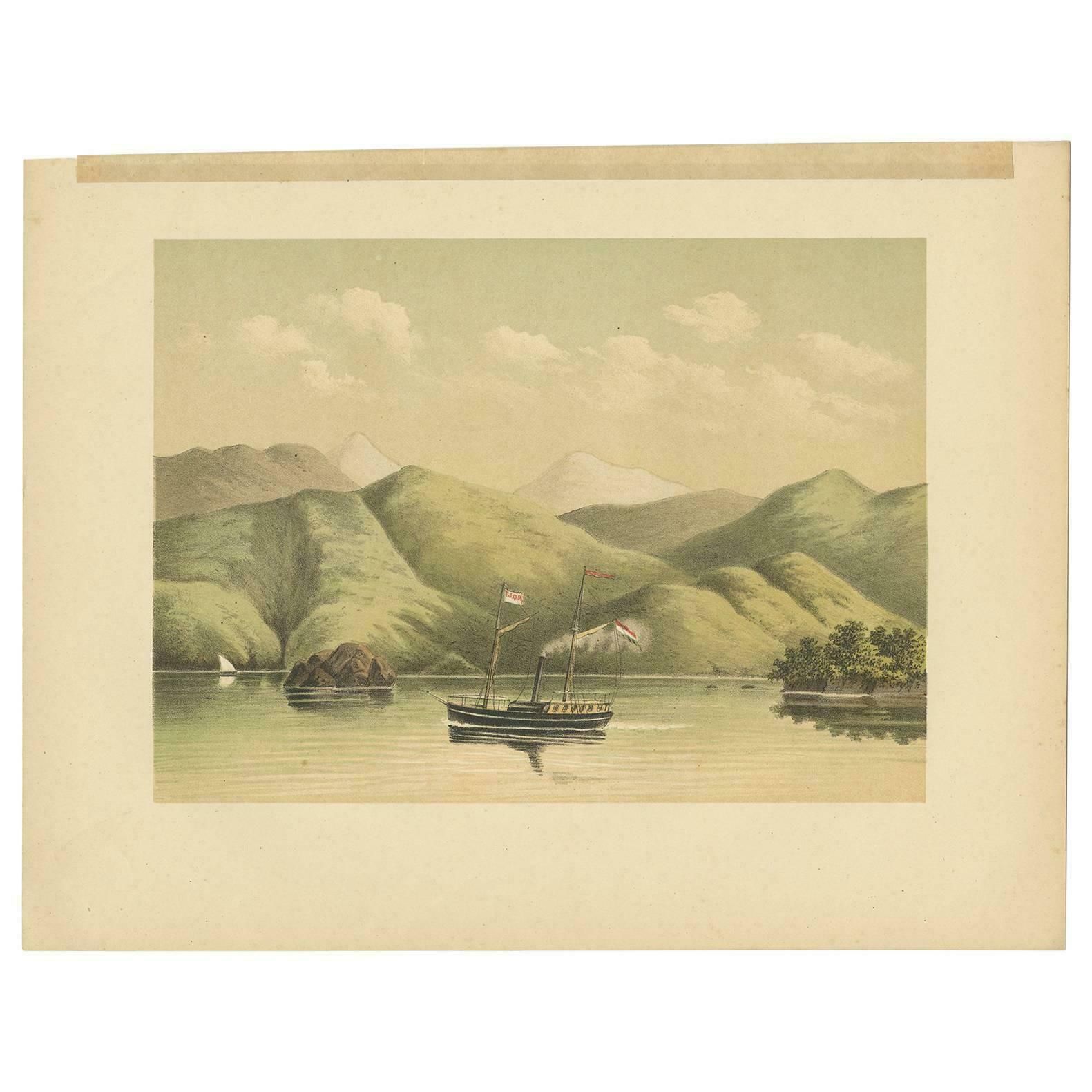 Antique Print Of A Ship Near The Coast Of Aceh (Atjeh) By M.T.H. Perelaer, 1888