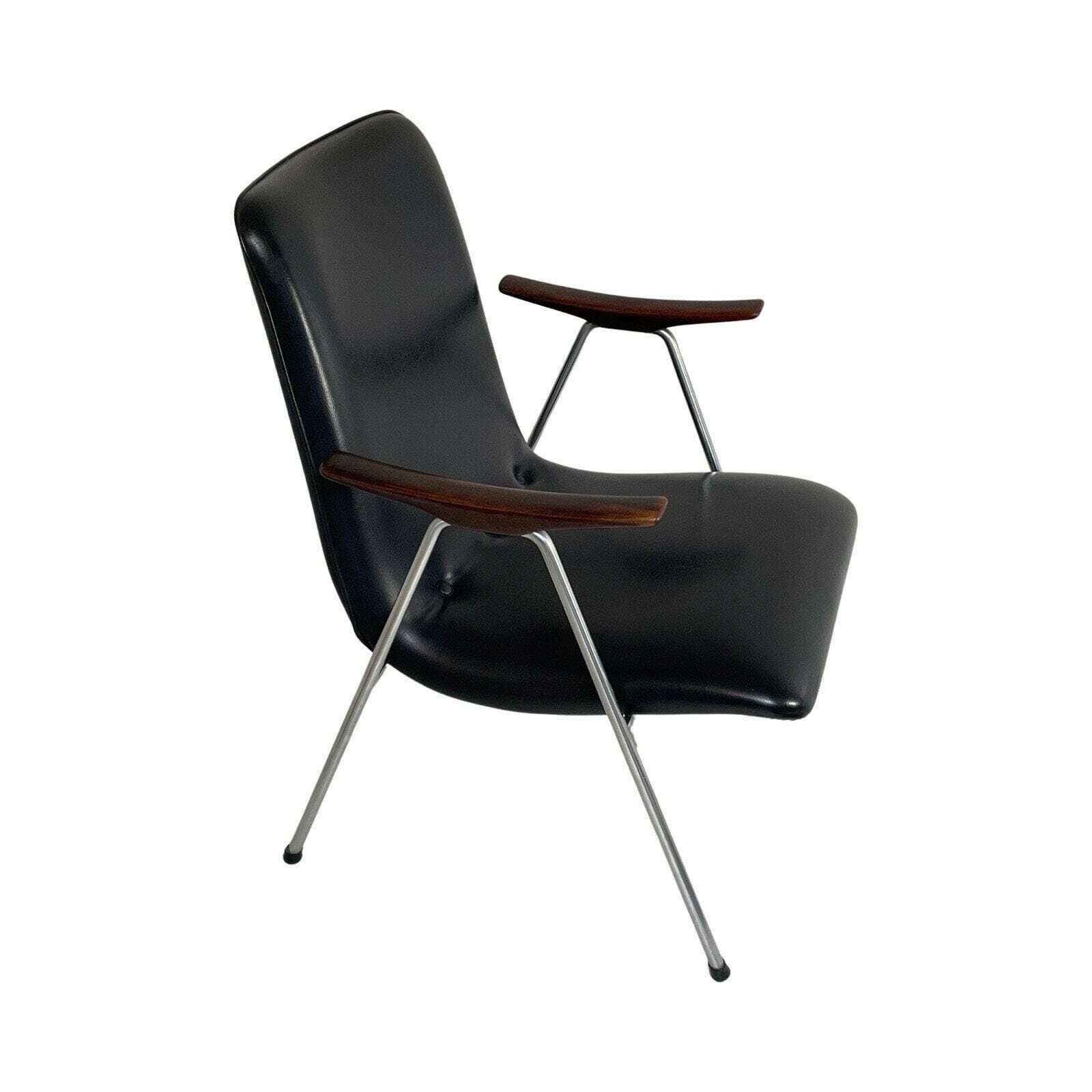 Lounge Chair   Dutch, Ca. 1960's   Black Leatherette, Wooden Armrests And A Metal Frame   Attr. To Teefelen photo Furniture