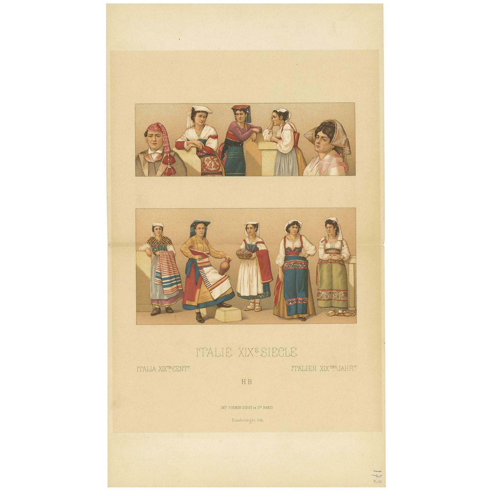 Pl. 173 Antique Print Of 19th Century Italian Clothing By Racinet