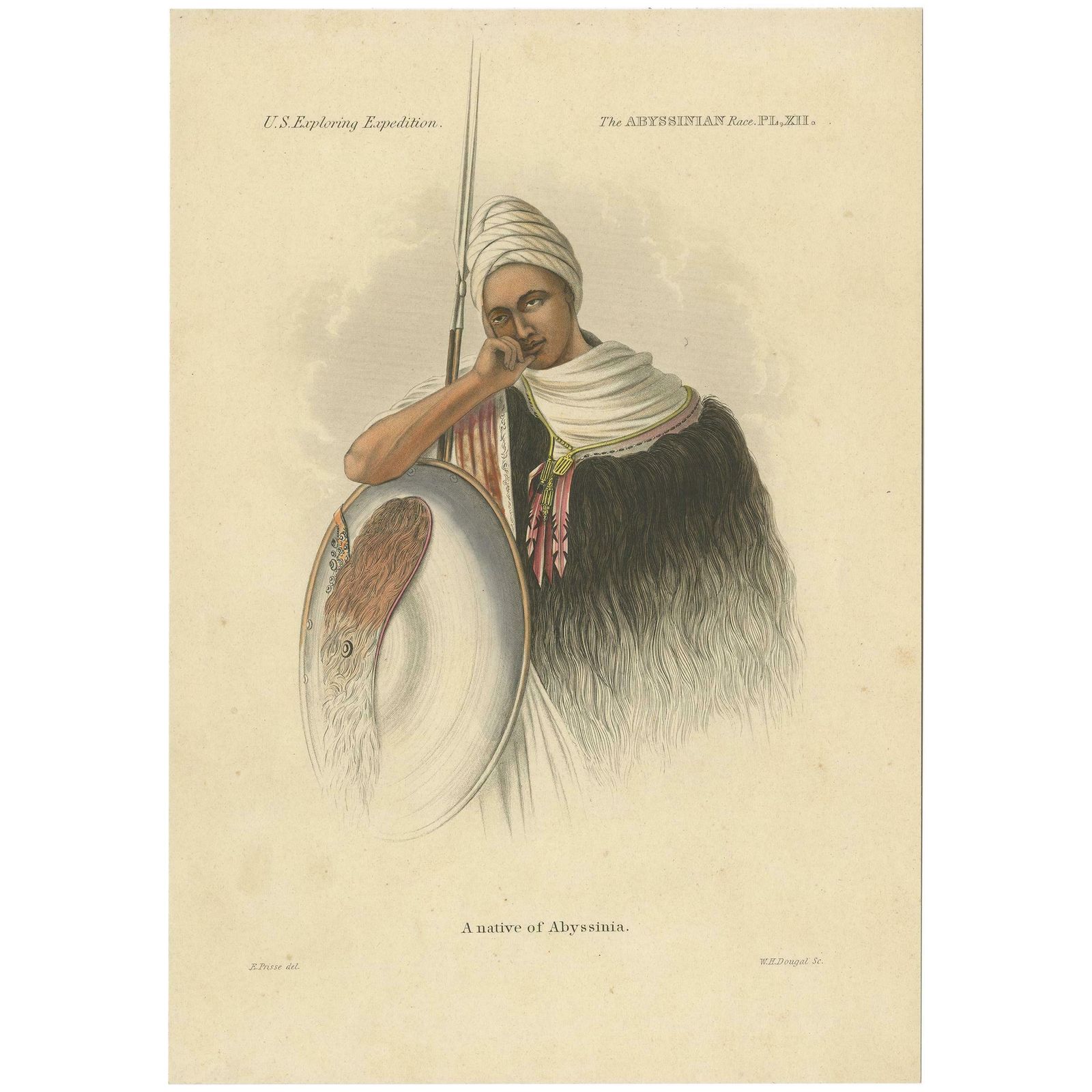 Antique Handcolored Print Of A Native Warrior Of Abyssinia Or Ethiopia, '1848'