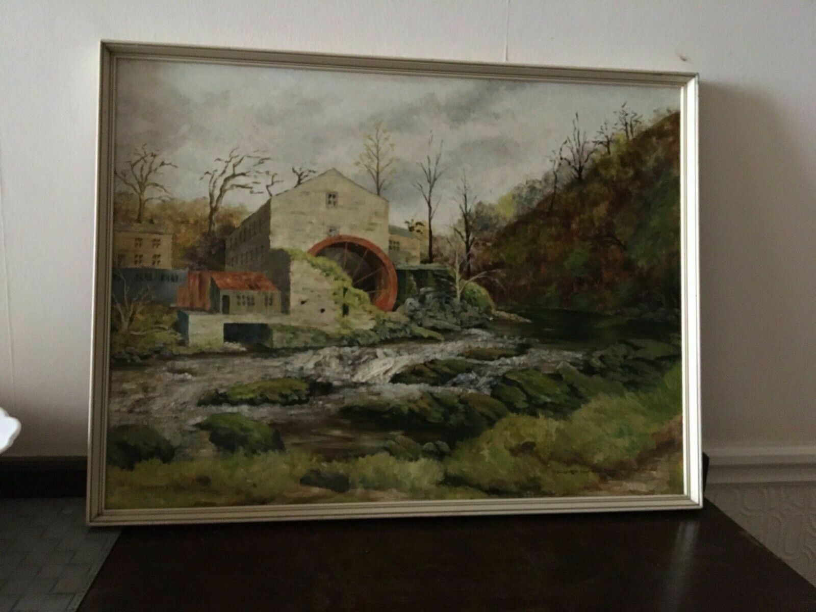 Vintage Original Oil Painting Hartlington Saw Mill Waterwheel Landscape Framed