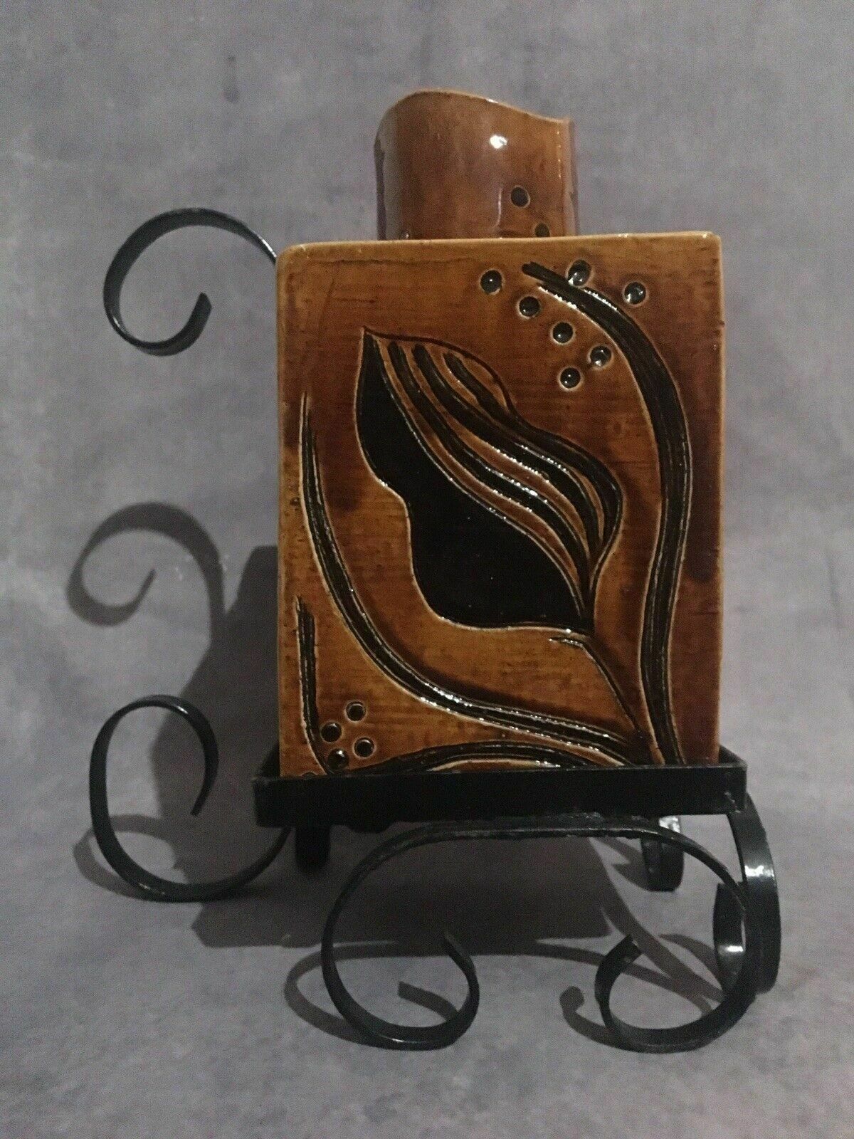 Mid Century Studio Pottery Slab Vase & Wrought Iron Stand photo furniture