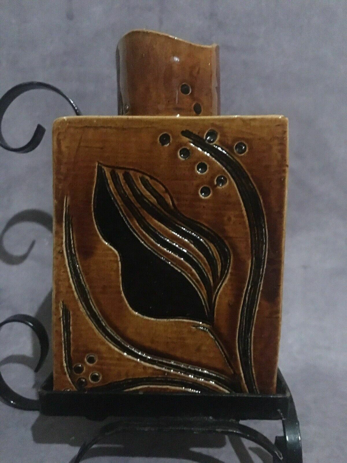Mid Century Studio Pottery Slab Vase & Wrought Iron Stand photo Home Decor