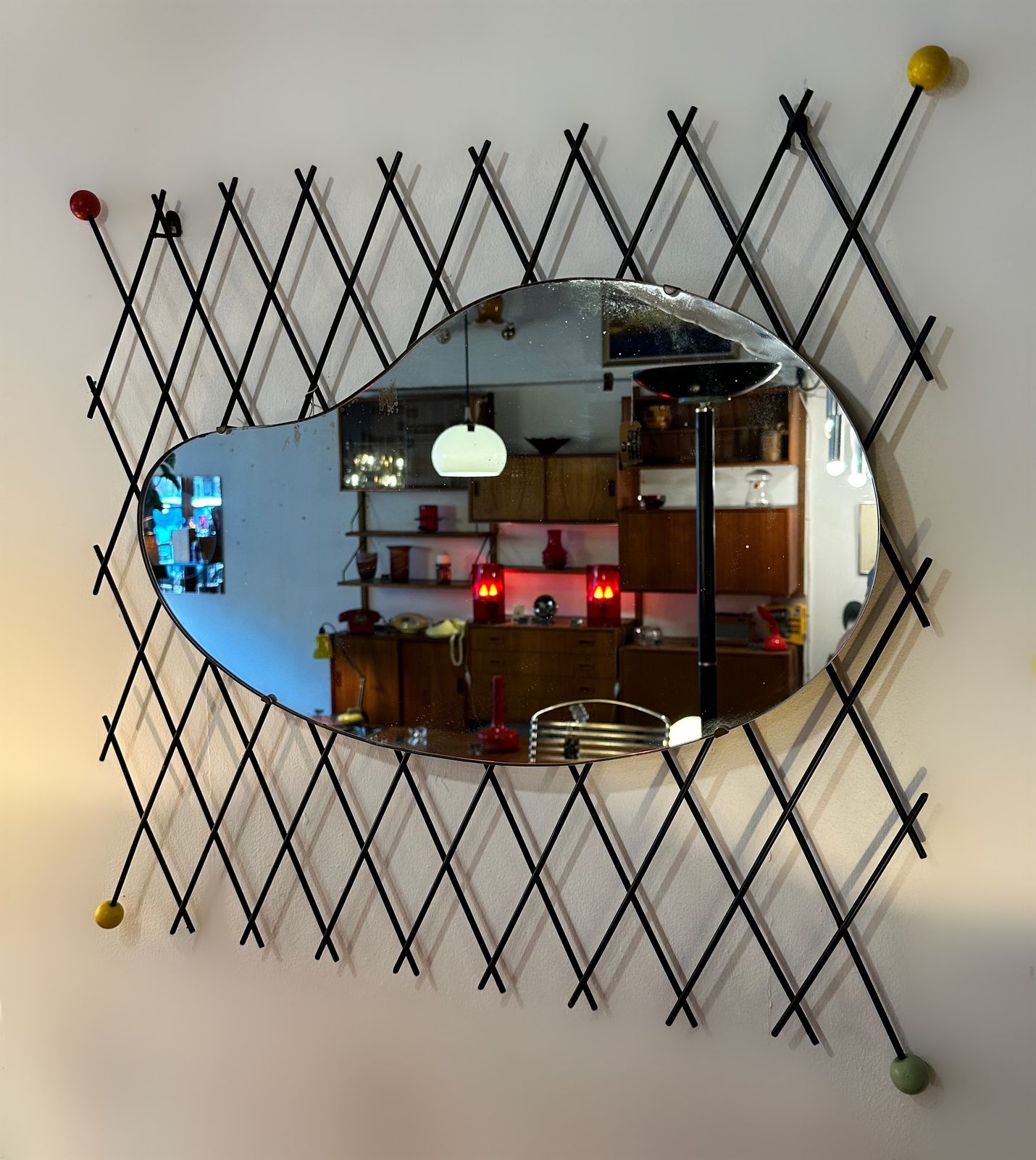 Very Rare Mid Century French Organic Shape Cross Hatch Iron Mirror, 1950
