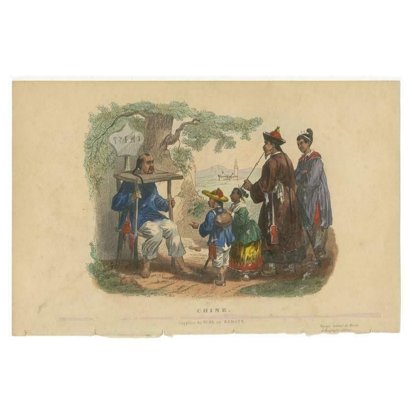 Antique Handcolored Print Of Punishment With A Cangue In China, 1844 photo furniture
