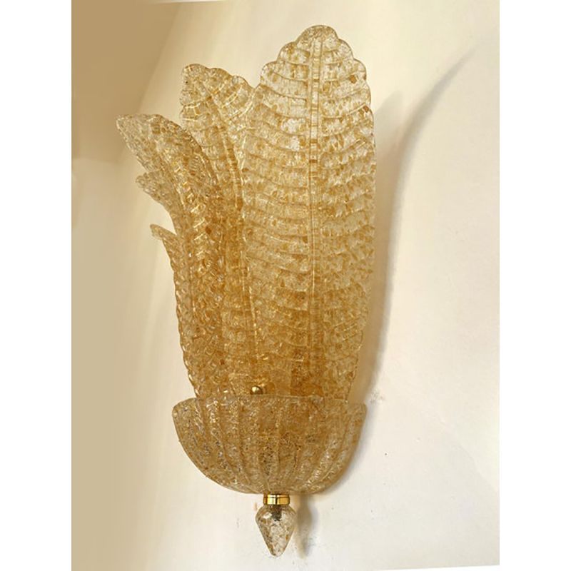 Set Of Two Transparent And Gold Graniglia “Leaf” Murano Glass Wall Sconces photo vinterior