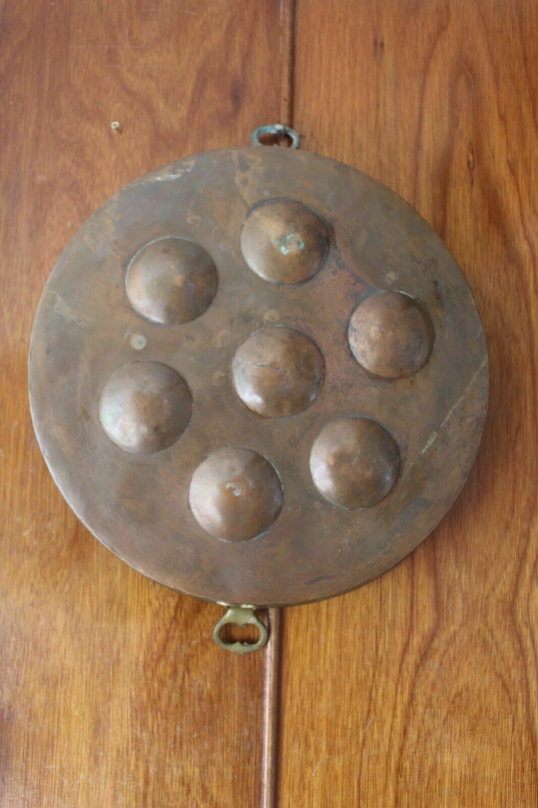 Large Hanging Round French Escargot Pan 42 Cm Vintage Copper With Brass Handles photo furniture