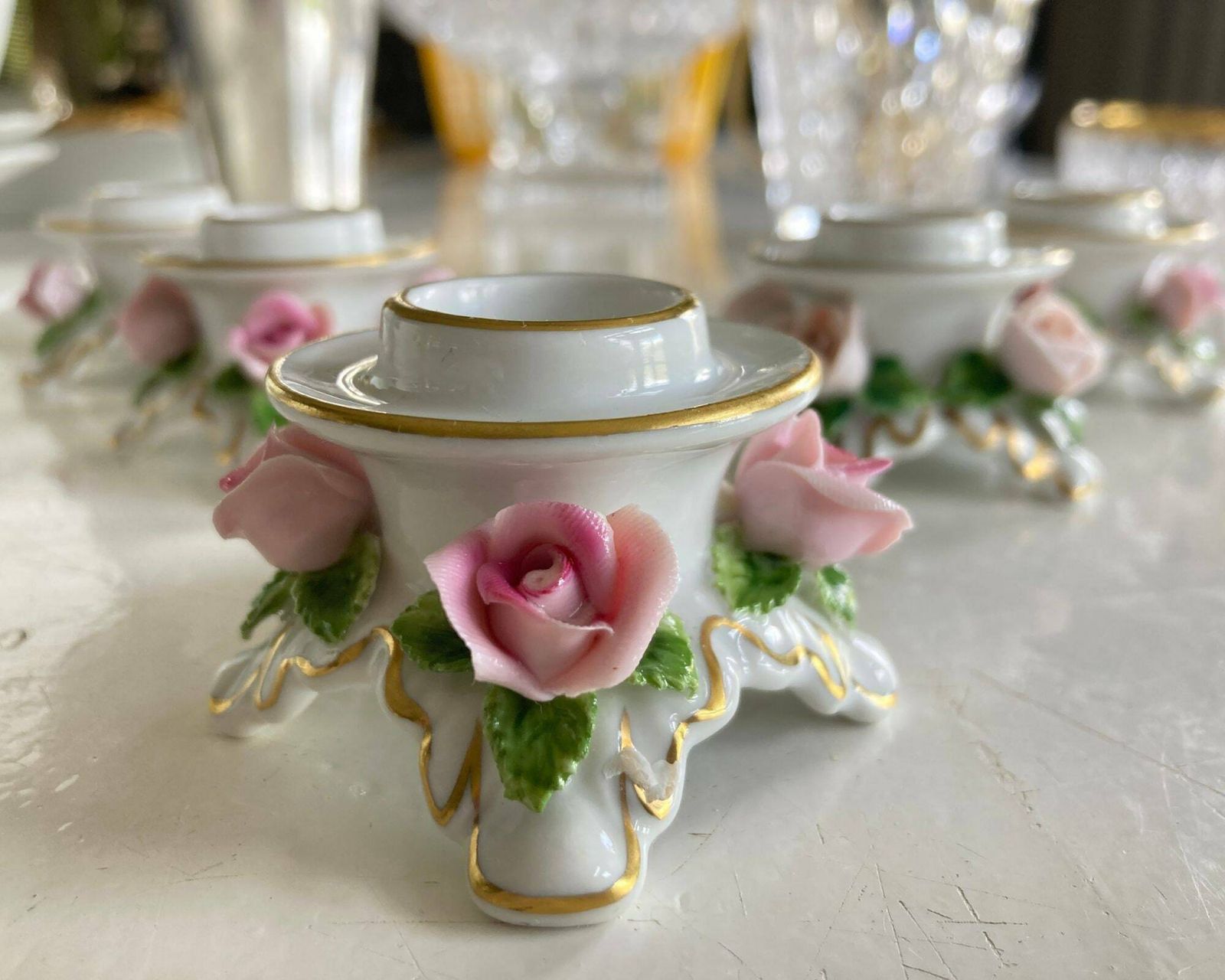 Porcelain Candle Holders Kaiser | Roses In Pink With Gold | 5pcs photo for sale