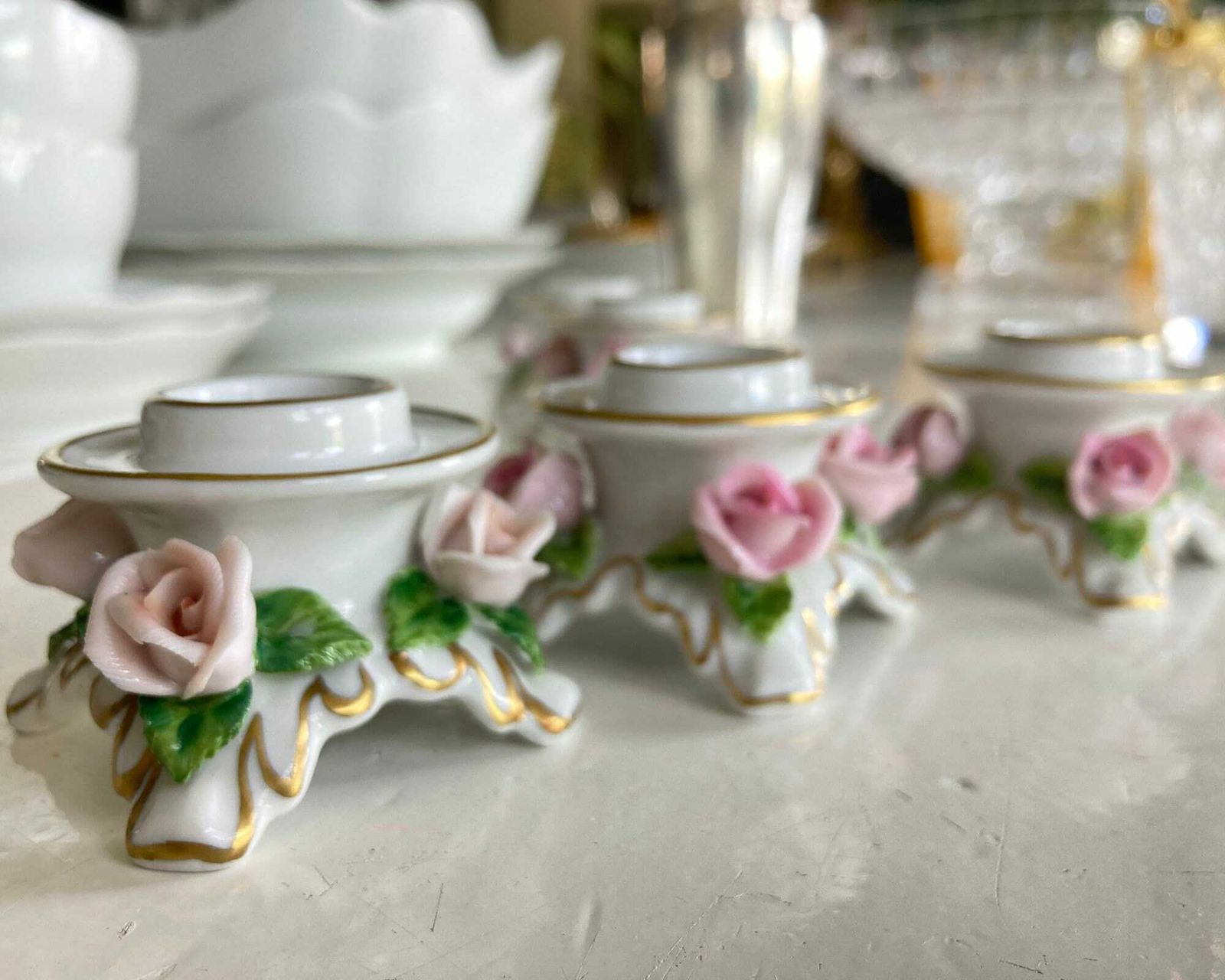 Porcelain Candle Holders Kaiser | Roses In Pink With Gold | 5pcs photo 155.0