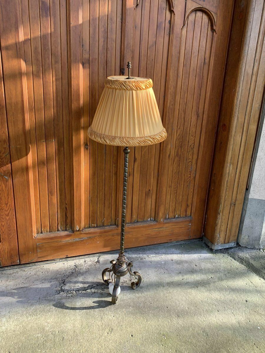 Art Deco Metal Floor Lamp With Fabric Shade, 1950s photo for sale