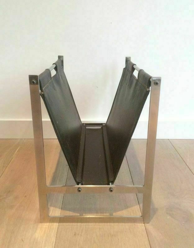 Magazine Rack In Brushed Steel And Leather. In The Style Of Poul Kjaerholm photo for sale
