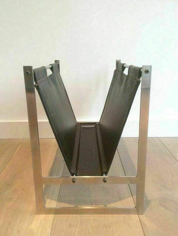 Magazine Rack In Brushed Steel And Leather. In The Style Of Poul Kjaerholm photo 680.0