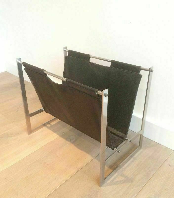Magazine Rack In Brushed Steel And Leather. In The Style Of Poul Kjaerholm photo buy