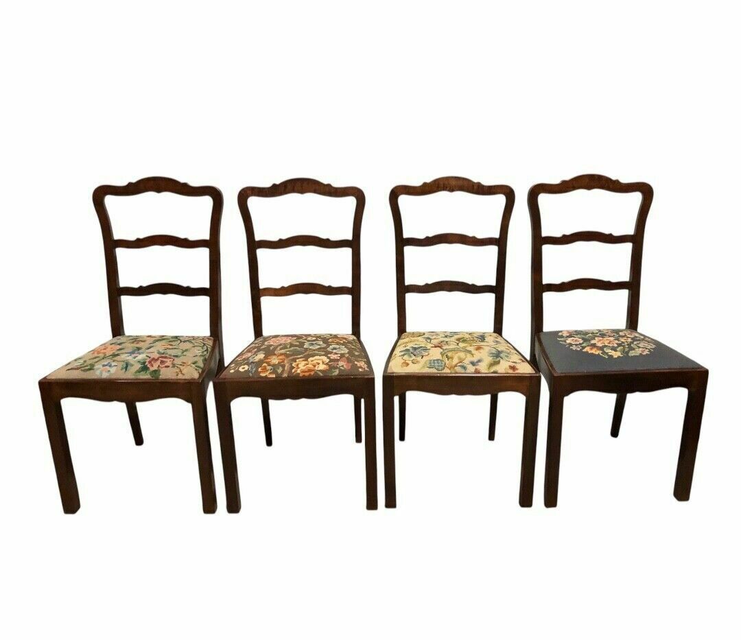 Handsome Set Of Four Vintage Chairs With Tapestry Seats