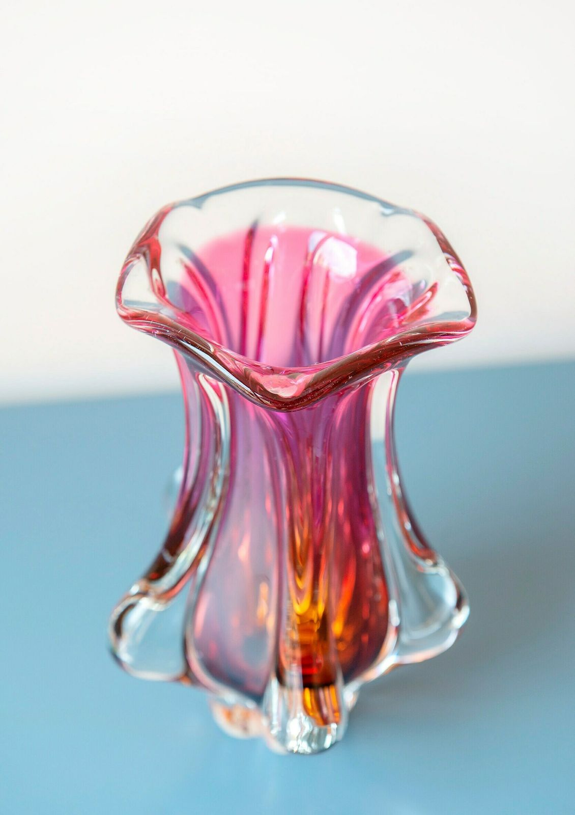 Pink Art Glass Vase By Josef Hospodka, Handblown Czech Flower Vase, 1960s Designer Vase With Scalloped Edge, Mid Century Modern photo furniture