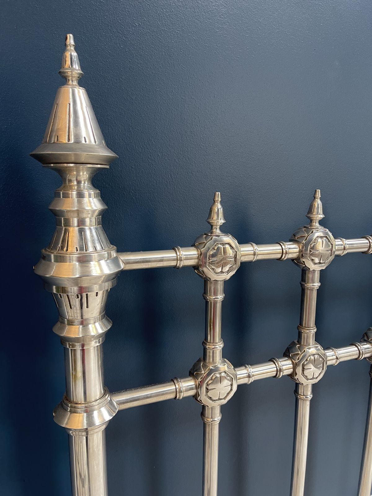 Stunning Vintage And So To Bed Metal Castle Style Bedframe Chrome photo for sale