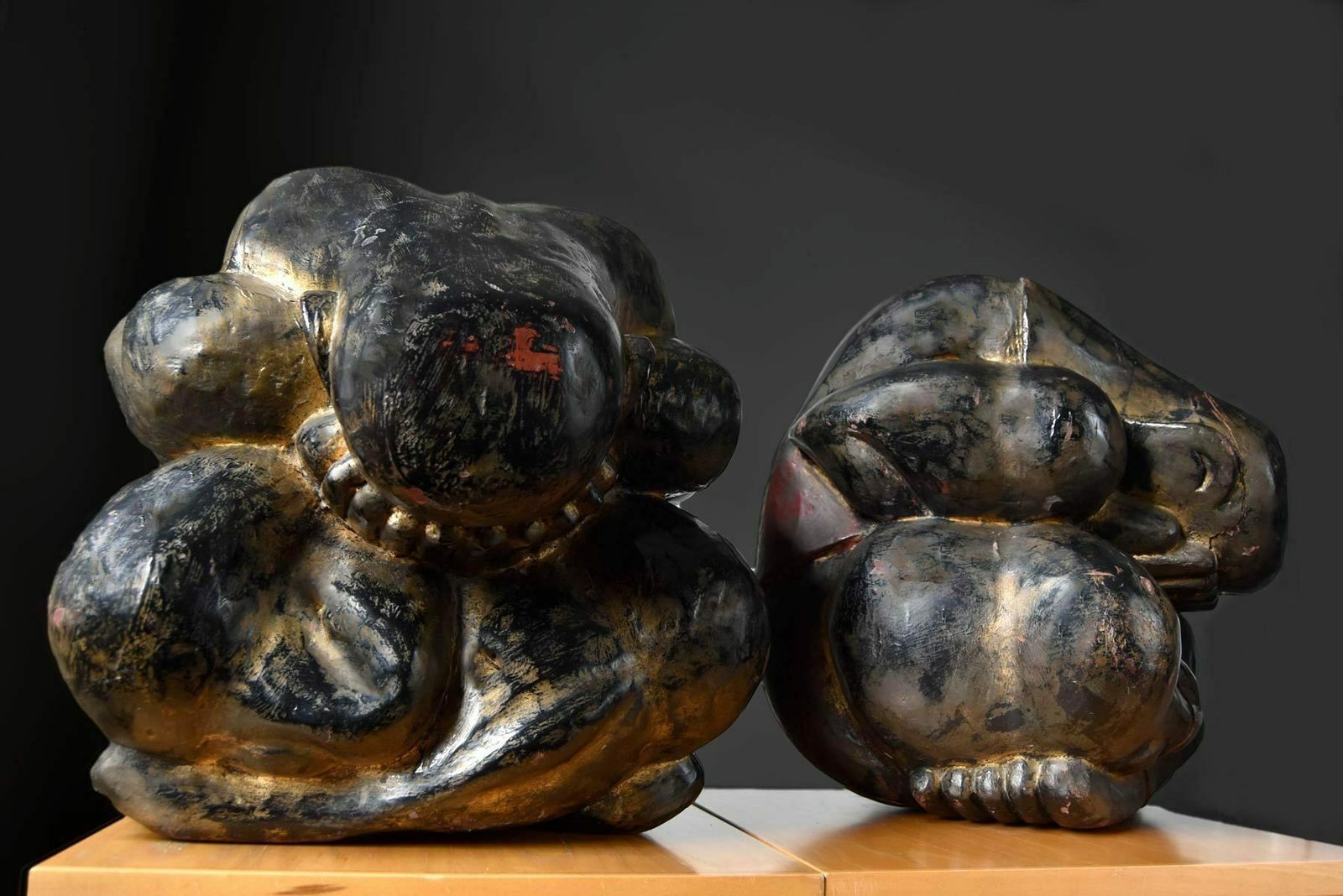 Pair Of Vintage Hand Carved ‘Crying Men’ Wooden Sculptures photo Art