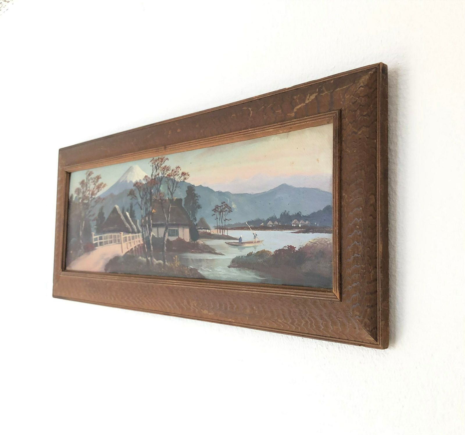 Japanese Original Vintage Signed Painting With Motive Of Mount Fuji And Lakeside Houses photo buy