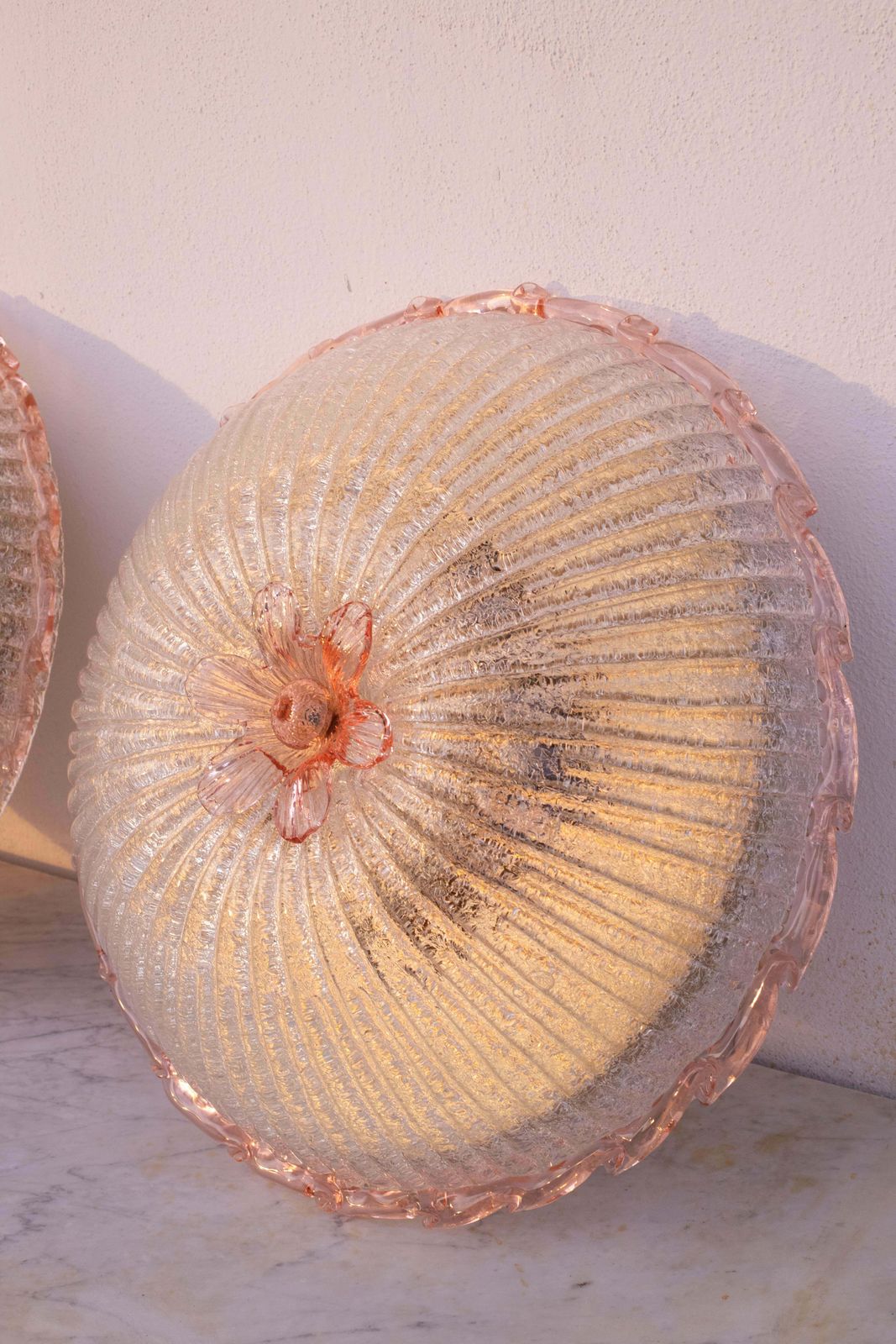 Set Of 2 Large Size Iitalian Pink And Murano Glass Ceiling Flower photo for sale
