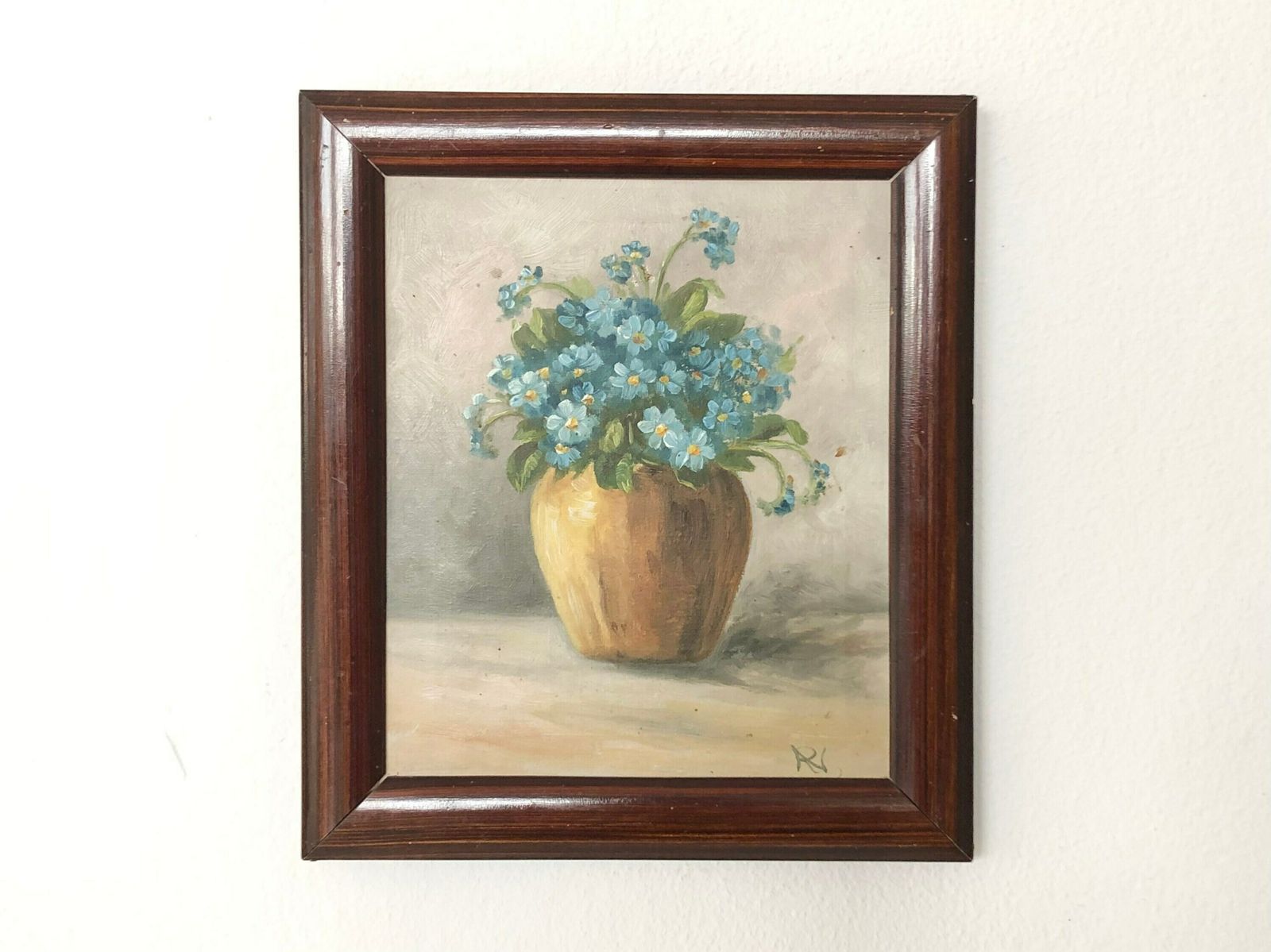 Original Danish Mid Century Oil Painting Signed Rn With Motive Of Vase With Beautiful Blue Flowers