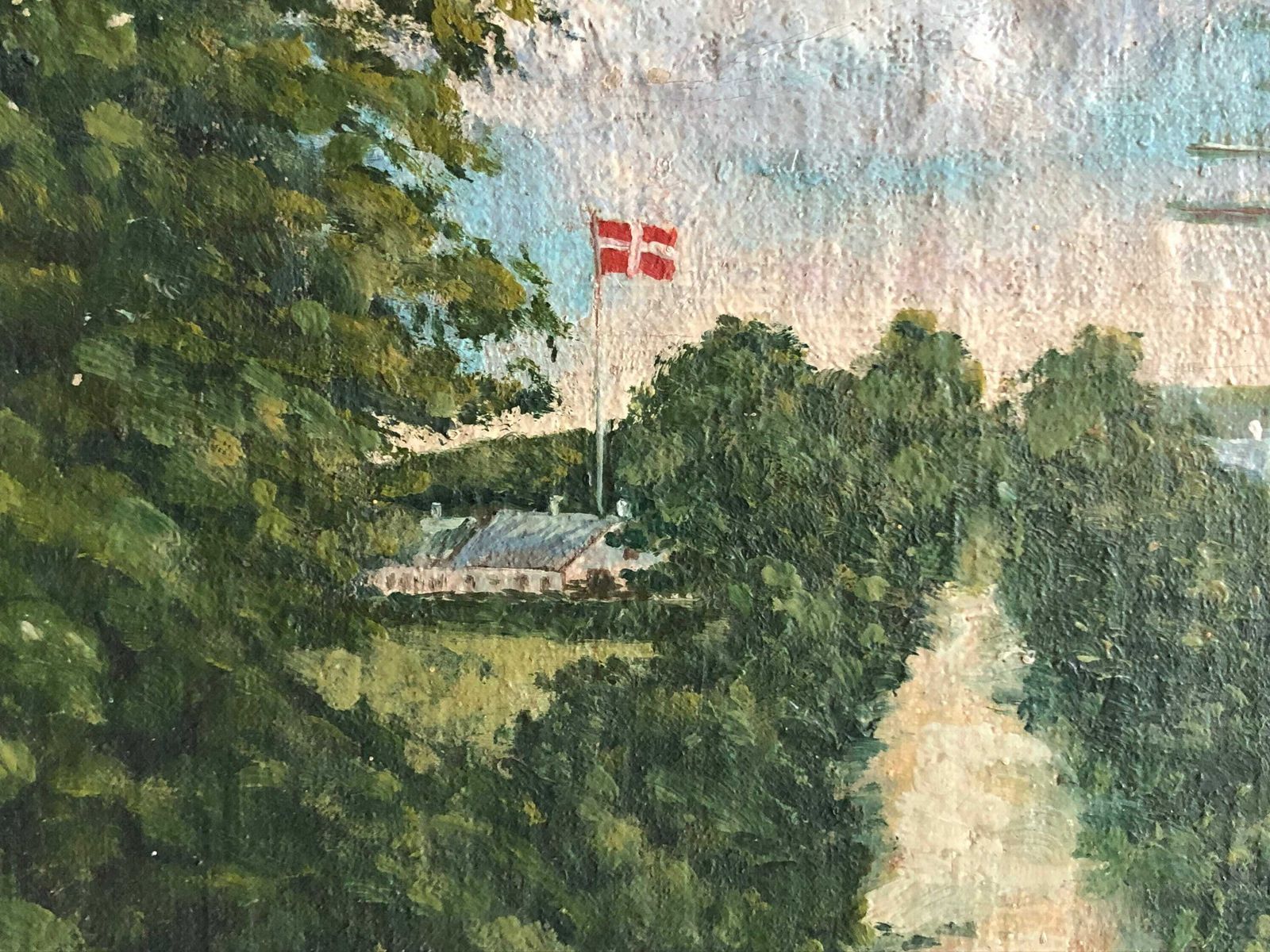 Original Oil Painting From Denmark With Motive Of Path Through A Landscape In Summertime With Sailsboats And The Danish Flag photo furniture