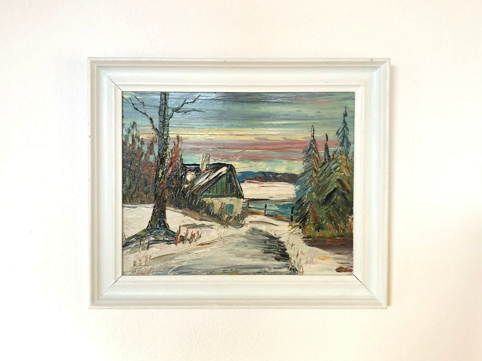 Vintage Oil Painting With Motive Of Winter Landscape With House At A Lake With Pine Trees   Original Danish Art
