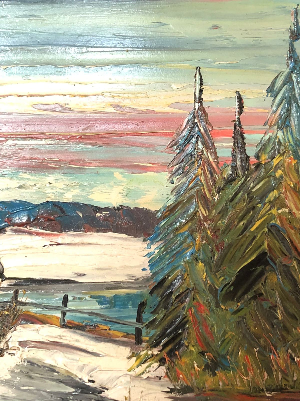 Vintage Oil Painting With Motive Of Winter Landscape With House At A Lake With Pine Trees   Original Danish Art photo 217.0